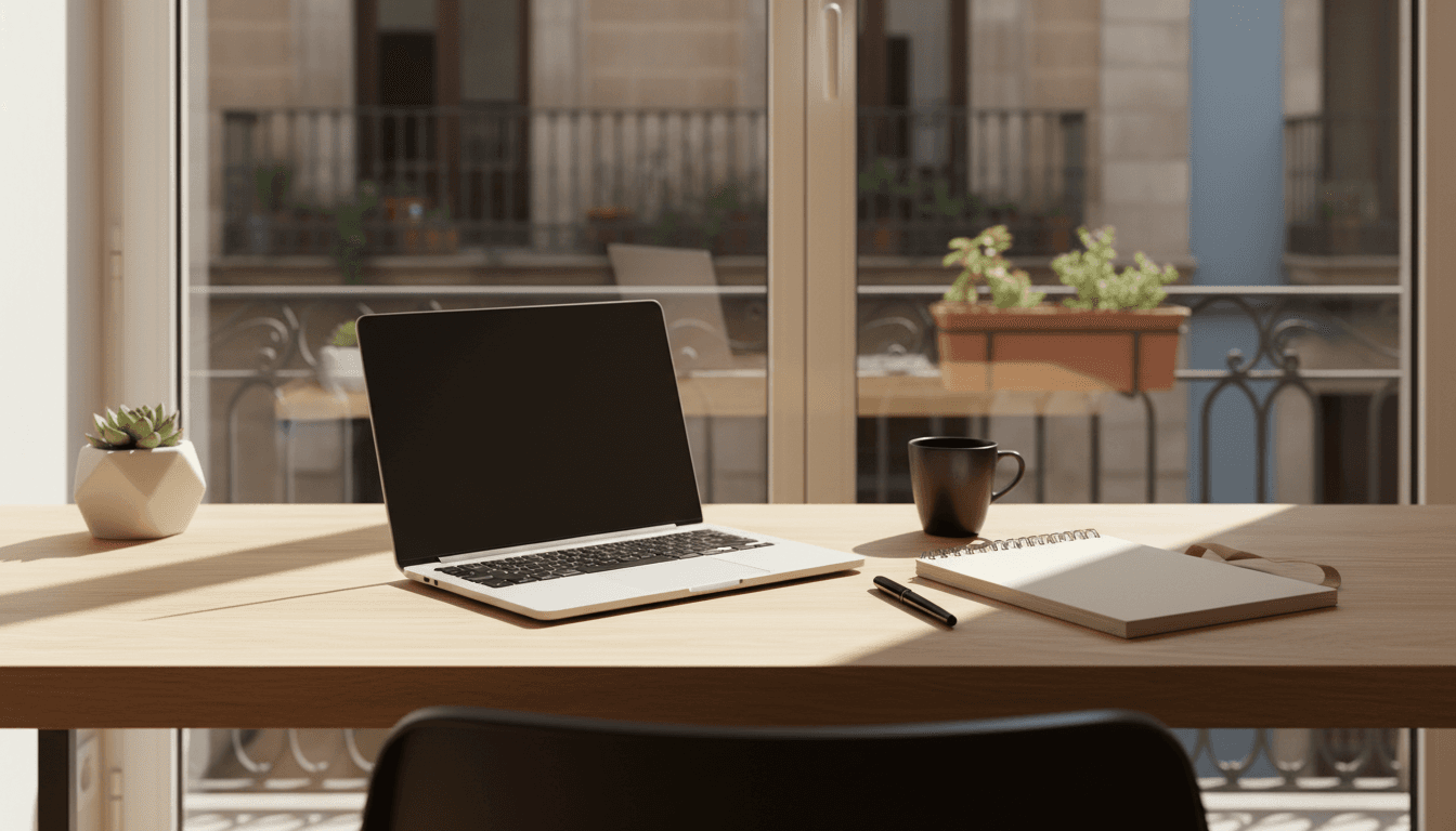 A clean, professional editorial aesthetic with a wide shot of a minimalist wooden desk in a bright Barcelona apartment.
