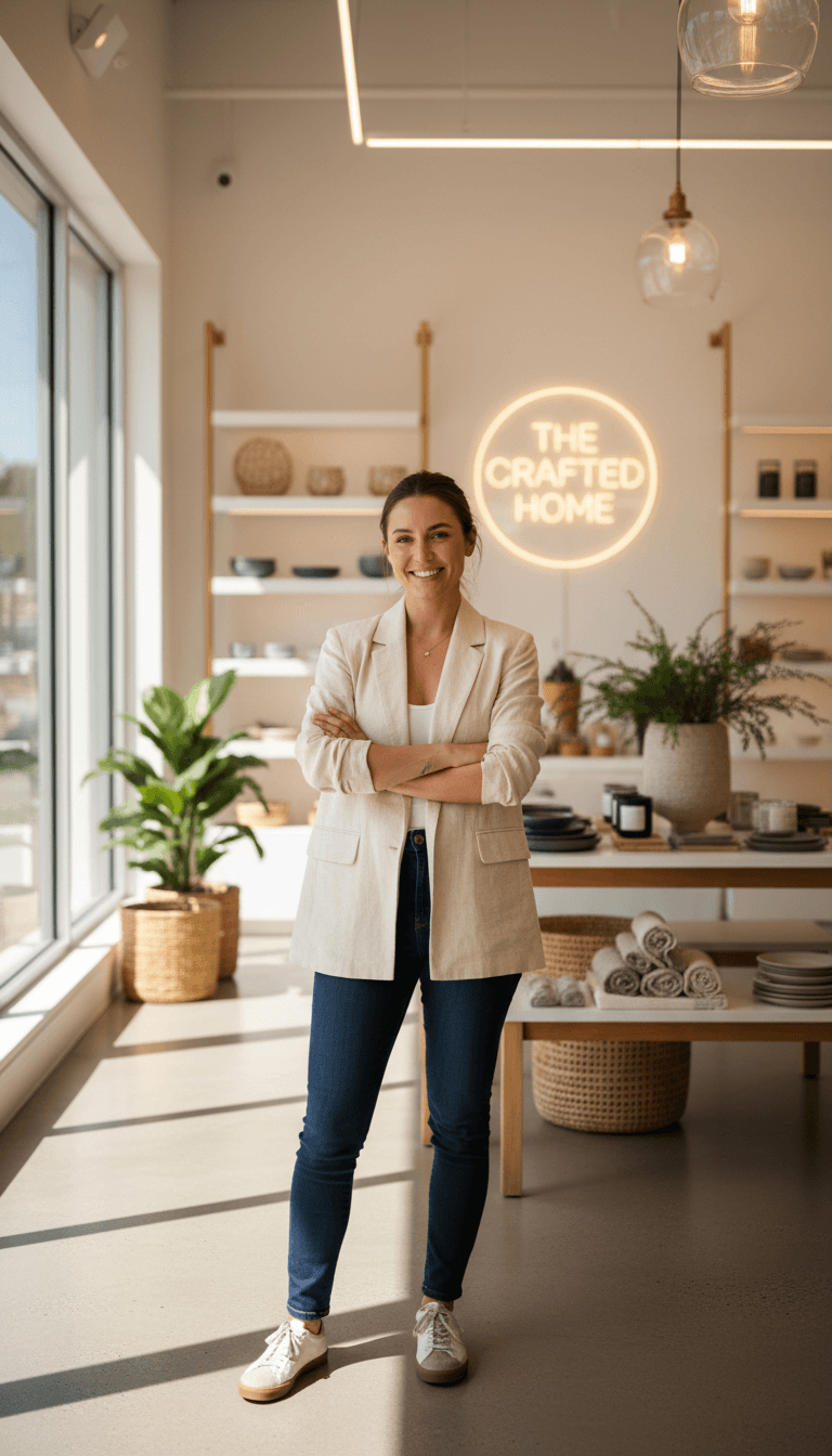 Confident small business owner standing in well-lit retail storefront with welcoming smile and professional appearance