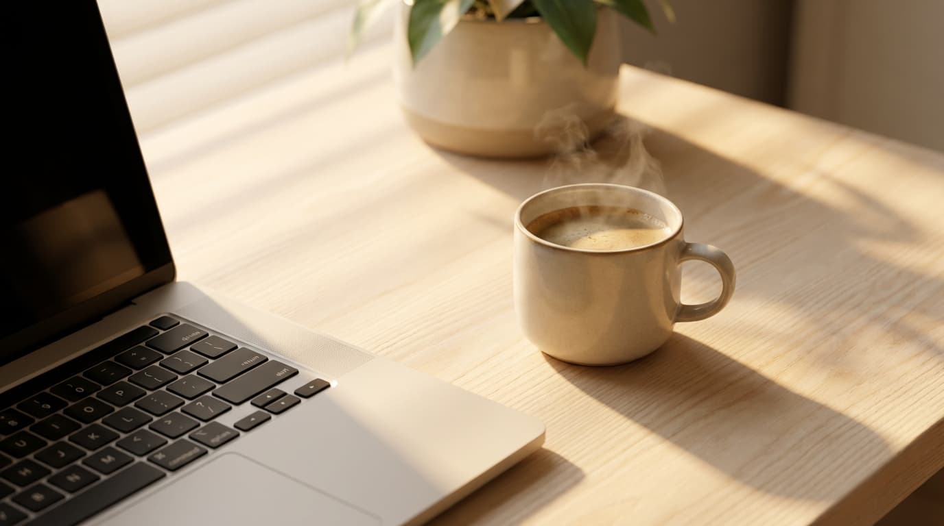 Escritorio con café, ordenador portátil y una planta, luz natural de ventana