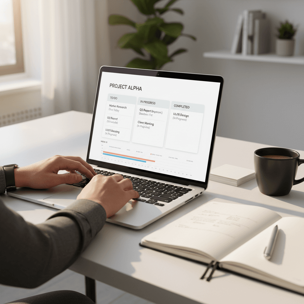 Professional hands working at laptop displaying project management dashboard with coffee and notebook nearby