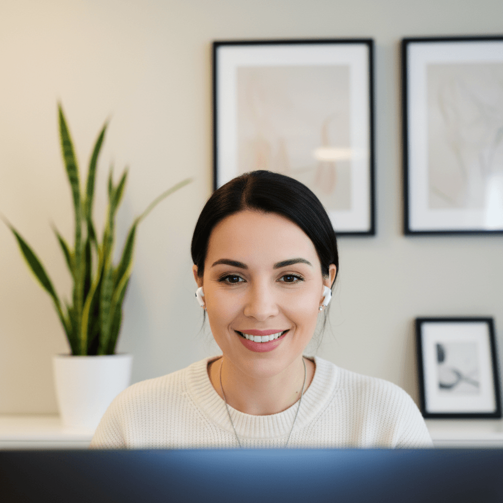 Small business owner engaged in professional video call from modern home office during customer consultation