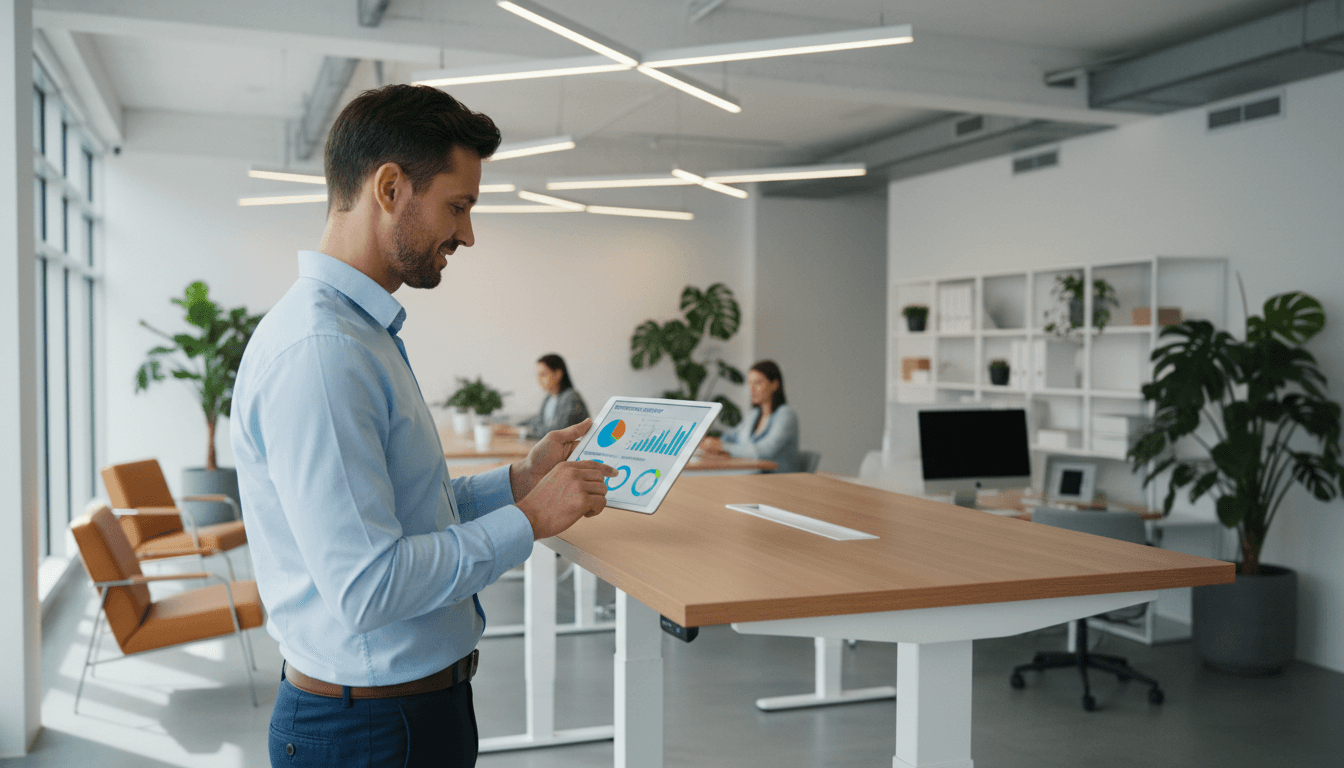 Small business owner reviewing digital analytics dashboards on tablet at modern standing desk in bright office space